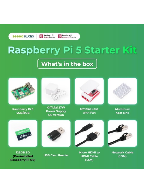 Seeed Studio Raspberry Pi 5 Starter Kit - 8GB RAM，128GB Micro SD Card pre-Loaded with 64-bit Raspberry Pi OS