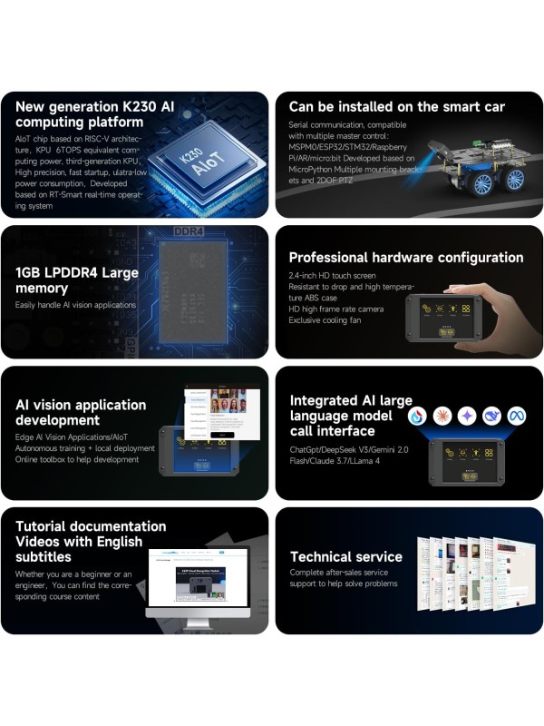Yahboom K230 AI Development Board 1.6GHz High-performance chip/2.4-inch Display/Open Source Robot Maker Python, Supports AI Visual Recognition CanMV Sensor (with Adjustable Bracket)