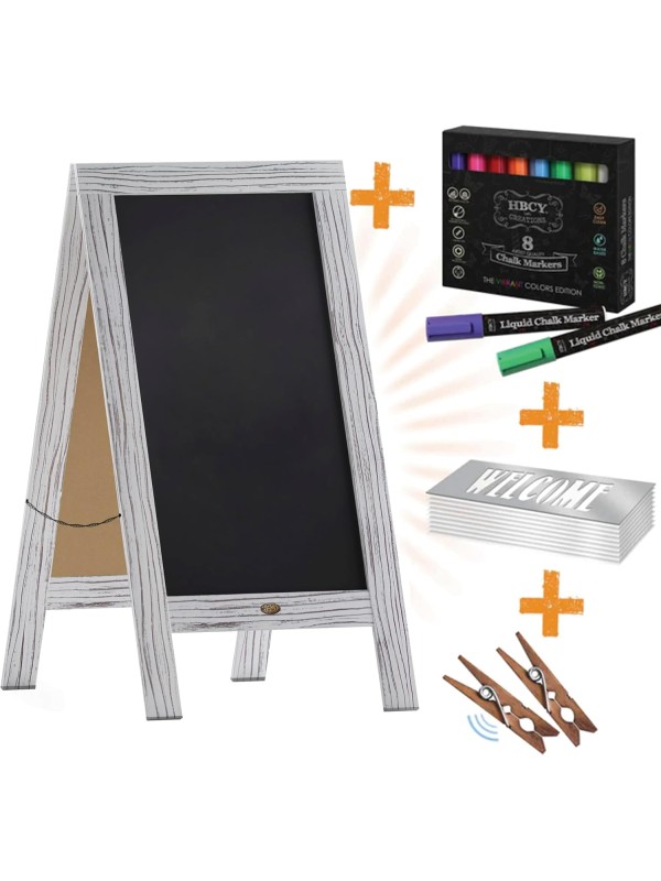 A Frame Chalkboard with Chalk Markers by HBCY Creations: 40x20 Solid Wood A-Frame Sign Gray Double-Sided Magentic Menu Board, Deluxe Set Includes 8 Chalk Markers, 10 Stencils, 2 Magnets