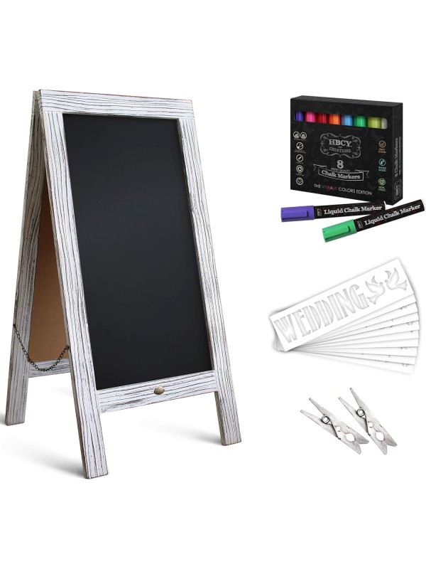 A Frame Chalkboard with Chalk Markers by HBCY Creations: 40x20 Solid Wood A-Frame Sign Gray Double-Sided Magentic Menu Board, Deluxe Set Includes 8 Chalk Markers, 10 Stencils, 2 Magnets