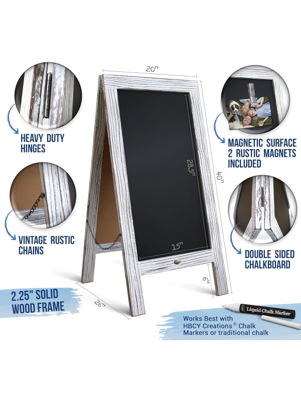 A Frame Chalkboard with Chalk Markers by HBCY Creations: 40x20 Solid Wood A-Frame Sign Gray Double-Sided Magentic Menu Board, Deluxe Set Includes 8 Chalk Markers, 10 Stencils, 2 Magnets
