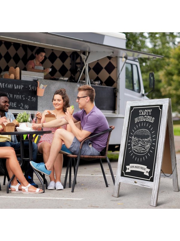 A Frame Chalkboard with Chalk Markers by HBCY Creations: 40x20 Solid Wood A-Frame Sign Gray Double-Sided Magentic Menu Board, Deluxe Set Includes 8 Chalk Markers, 10 Stencils, 2 Magnets