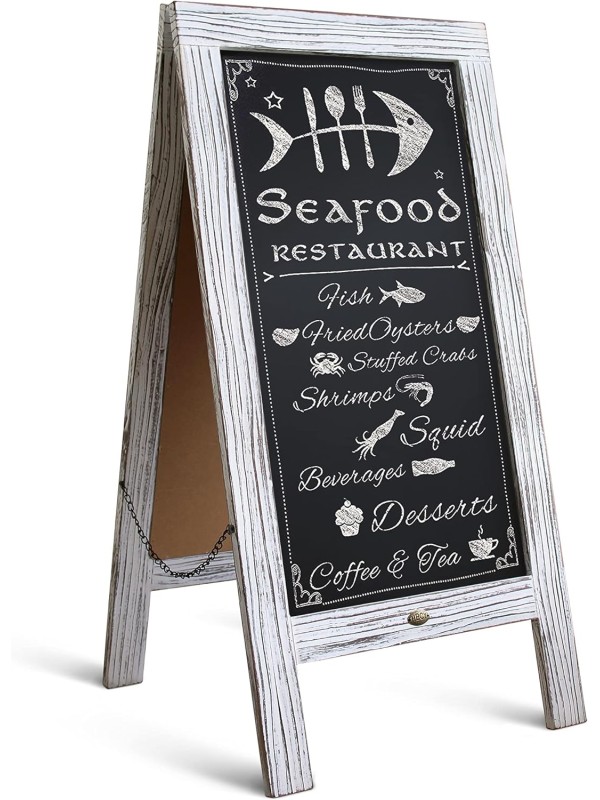 A Frame Chalkboard with Chalk Markers by HBCY Creations: 40x20 Solid Wood A-Frame Sign Gray Double-Sided Magentic Menu Board, Deluxe Set Includes 8 Chalk Markers, 10 Stencils, 2 Magnets