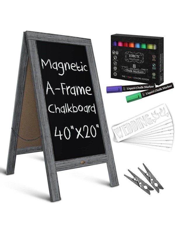 A Frame Chalkboard with Chalk Markers by HBCY Creations: 40x20 Solid Wood A-Frame Sign Gray Double-Sided Magentic Menu Board, Deluxe Set Includes 8 Chalk Markers, 10 Stencils, 2 Magnets