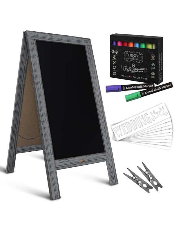 A Frame Chalkboard with Chalk Markers by HBCY Creations: 40x20 Solid Wood A-Frame Sign Gray Double-Sided Magentic Menu Board, Deluxe Set Includes 8 Chalk Markers, 10 Stencils, 2 Magnets