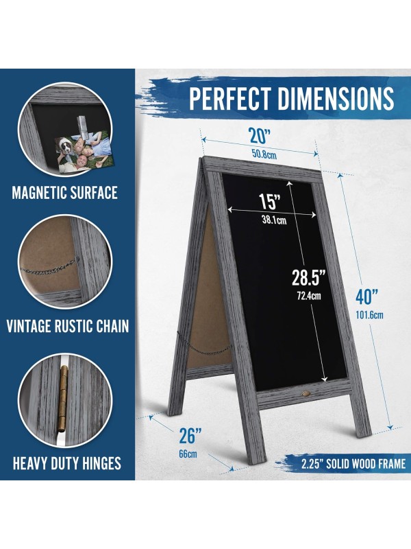 A Frame Chalkboard with Chalk Markers by HBCY Creations: 40x20 Solid Wood A-Frame Sign Gray Double-Sided Magentic Menu Board, Deluxe Set Includes 8 Chalk Markers, 10 Stencils, 2 Magnets