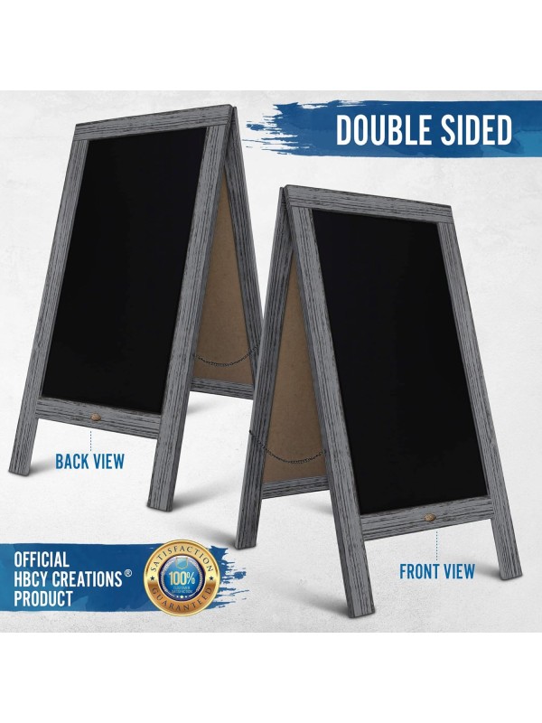 A Frame Chalkboard with Chalk Markers by HBCY Creations: 40x20 Solid Wood A-Frame Sign Gray Double-Sided Magentic Menu Board, Deluxe Set Includes 8 Chalk Markers, 10 Stencils, 2 Magnets