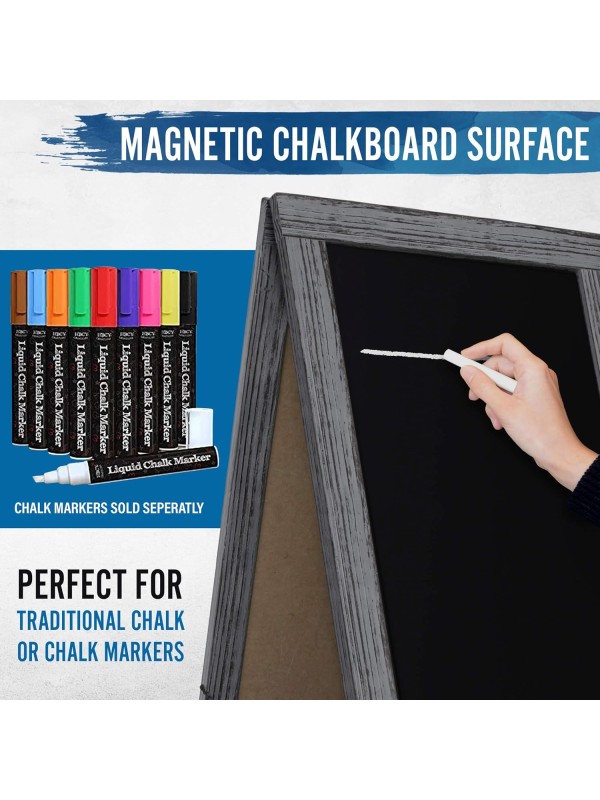 A Frame Chalkboard with Chalk Markers by HBCY Creations: 40x20 Solid Wood A-Frame Sign Gray Double-Sided Magentic Menu Board, Deluxe Set Includes 8 Chalk Markers, 10 Stencils, 2 Magnets