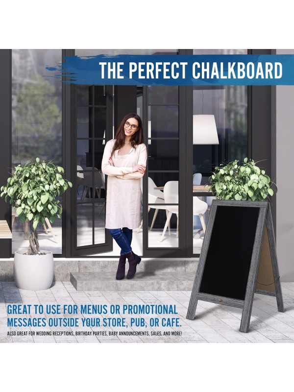 A Frame Chalkboard with Chalk Markers by HBCY Creations: 40x20 Solid Wood A-Frame Sign Gray Double-Sided Magentic Menu Board, Deluxe Set Includes 8 Chalk Markers, 10 Stencils, 2 Magnets