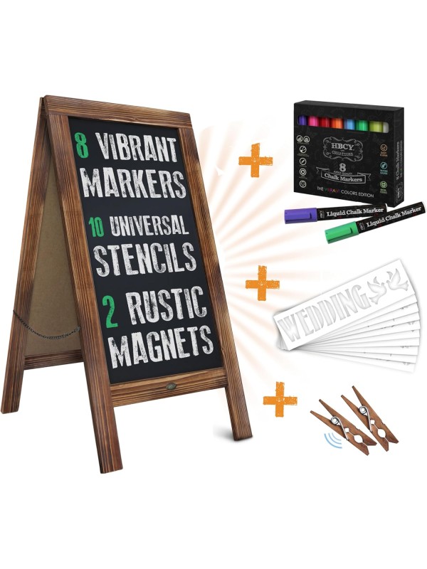 A Frame Chalkboard with Chalk Markers by HBCY Creations: 40x20 Solid Wood A-Frame Sign Gray Double-Sided Magentic Menu Board, Deluxe Set Includes 8 Chalk Markers, 10 Stencils, 2 Magnets
