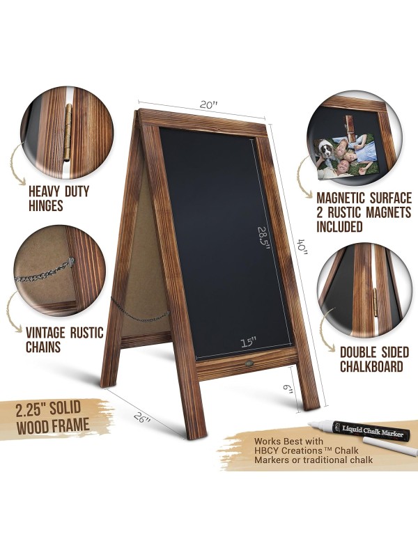 A Frame Chalkboard with Chalk Markers by HBCY Creations: 40x20 Solid Wood A-Frame Sign Gray Double-Sided Magentic Menu Board, Deluxe Set Includes 8 Chalk Markers, 10 Stencils, 2 Magnets
