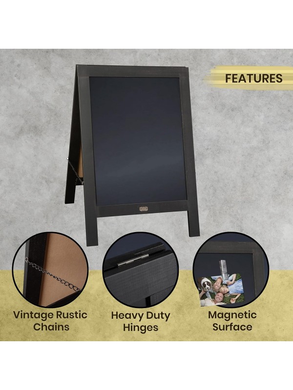A Frame Chalkboard with Chalk Markers by HBCY Creations: 40x20 Solid Wood A-Frame Sign Gray Double-Sided Magentic Menu Board, Deluxe Set Includes 8 Chalk Markers, 10 Stencils, 2 Magnets