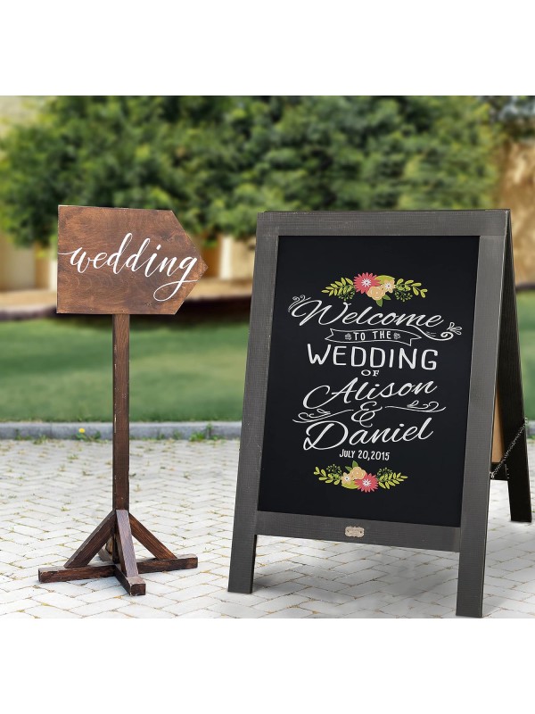 A Frame Chalkboard with Chalk Markers by HBCY Creations: 40x20 Solid Wood A-Frame Sign Gray Double-Sided Magentic Menu Board, Deluxe Set Includes 8 Chalk Markers, 10 Stencils, 2 Magnets