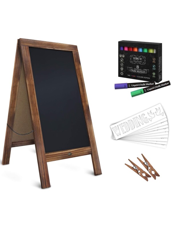 A Frame Chalkboard with Chalk Markers by HBCY Creations: 40x20 Solid Wood A-Frame Sign Gray Double-Sided Magentic Menu Board, Deluxe Set Includes 8 Chalk Markers, 10 Stencils, 2 Magnets