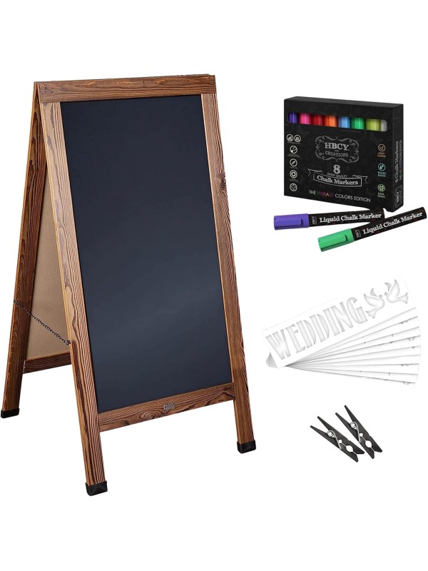 A Frame Chalkboard with Chalk Markers by HBCY Creations: 40x20 Solid Wood A-Frame Sign Gray Double-Sided Magentic Menu Board, Deluxe Set Includes 8 Chalk Markers, 10 Stencils, 2 Magnets