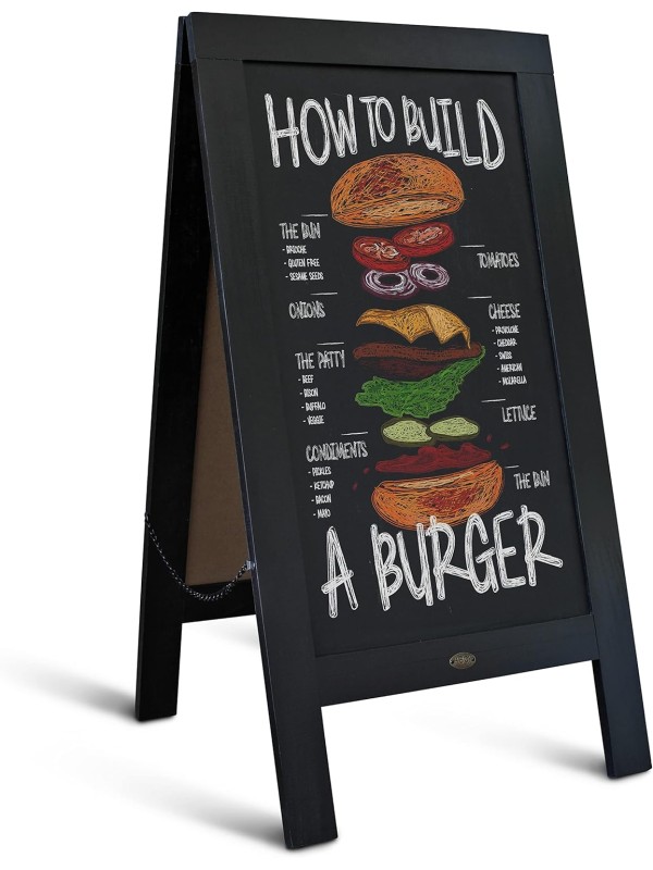 A Frame Chalkboard with Chalk Markers by HBCY Creations: 40x20 Solid Wood A-Frame Sign Gray Double-Sided Magentic Menu Board, Deluxe Set Includes 8 Chalk Markers, 10 Stencils, 2 Magnets