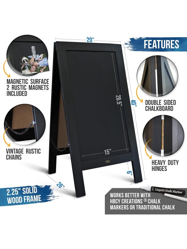 A Frame Chalkboard with Chalk Markers by HBCY Creations: 40x20 Solid Wood A-Frame Sign Gray Double-Sided Magentic Menu Board, Deluxe Set Includes 8 Chalk Markers, 10 Stencils, 2 Magnets
