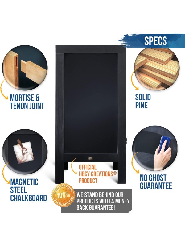 A Frame Chalkboard with Chalk Markers by HBCY Creations: 40x20 Solid Wood A-Frame Sign Gray Double-Sided Magentic Menu Board, Deluxe Set Includes 8 Chalk Markers, 10 Stencils, 2 Magnets
