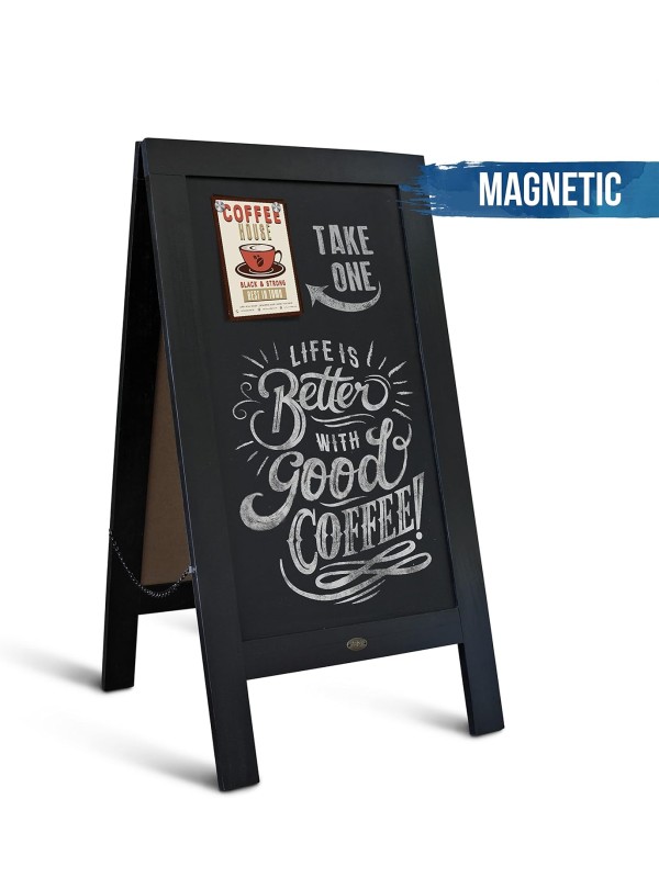 A Frame Chalkboard with Chalk Markers by HBCY Creations: 40x20 Solid Wood A-Frame Sign Gray Double-Sided Magentic Menu Board, Deluxe Set Includes 8 Chalk Markers, 10 Stencils, 2 Magnets