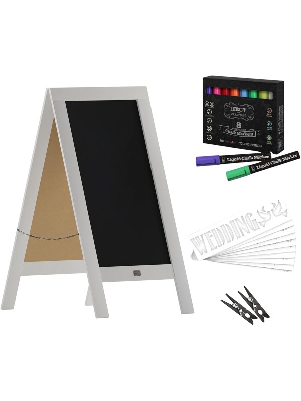 A Frame Chalkboard with Chalk Markers by HBCY Creations: 40x20 Solid Wood A-Frame Sign Gray Double-Sided Magentic Menu Board, Deluxe Set Includes 8 Chalk Markers, 10 Stencils, 2 Magnets