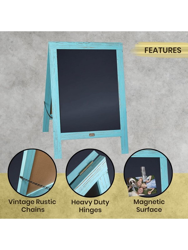 A Frame Chalkboard with Chalk Markers by HBCY Creations: 40x20 Solid Wood A-Frame Sign Gray Double-Sided Magentic Menu Board, Deluxe Set Includes 8 Chalk Markers, 10 Stencils, 2 Magnets