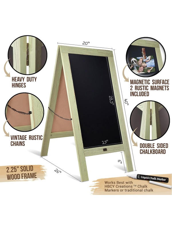 A Frame Chalkboard with Chalk Markers by HBCY Creations: 40x20 Solid Wood A-Frame Sign Gray Double-Sided Magentic Menu Board, Deluxe Set Includes 8 Chalk Markers, 10 Stencils, 2 Magnets