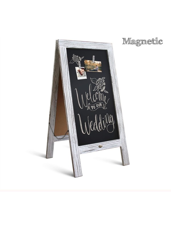 A Frame Chalkboard with Chalk Markers by HBCY Creations: 40x20 Solid Wood A-Frame Sign Gray Double-Sided Magentic Menu Board, Deluxe Set Includes 8 Chalk Markers, 10 Stencils, 2 Magnets