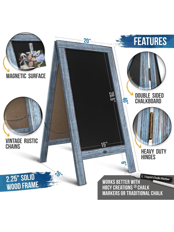 A Frame Chalkboard with Chalk Markers by HBCY Creations: 40x20 Solid Wood A-Frame Sign Gray Double-Sided Magentic Menu Board, Deluxe Set Includes 8 Chalk Markers, 10 Stencils, 2 Magnets