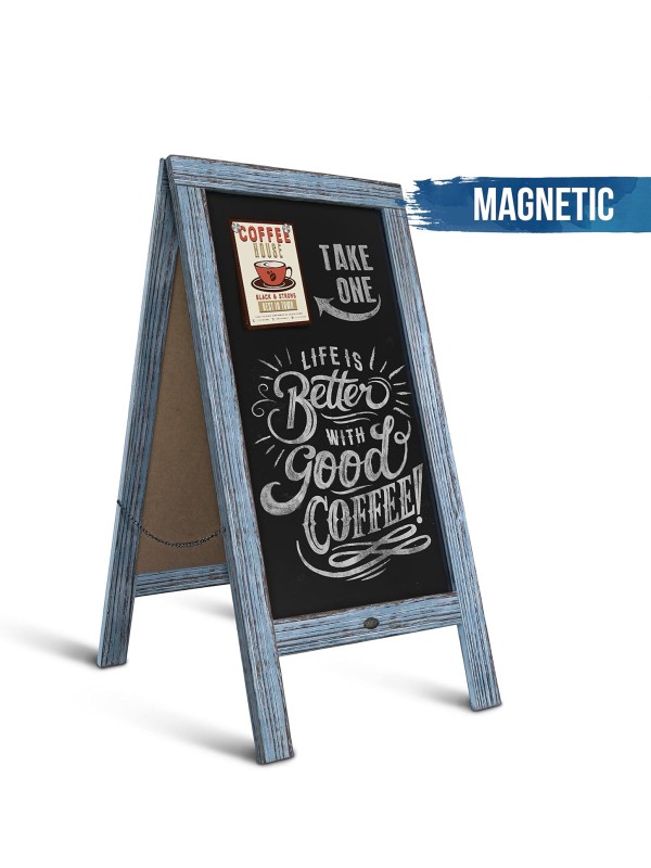 A Frame Chalkboard with Chalk Markers by HBCY Creations: 40x20 Solid Wood A-Frame Sign Gray Double-Sided Magentic Menu Board, Deluxe Set Includes 8 Chalk Markers, 10 Stencils, 2 Magnets