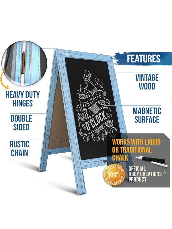 A Frame Chalkboard with Chalk Markers by HBCY Creations: 40x20 Solid Wood A-Frame Sign Gray Double-Sided Magentic Menu Board, Deluxe Set Includes 8 Chalk Markers, 10 Stencils, 2 Magnets