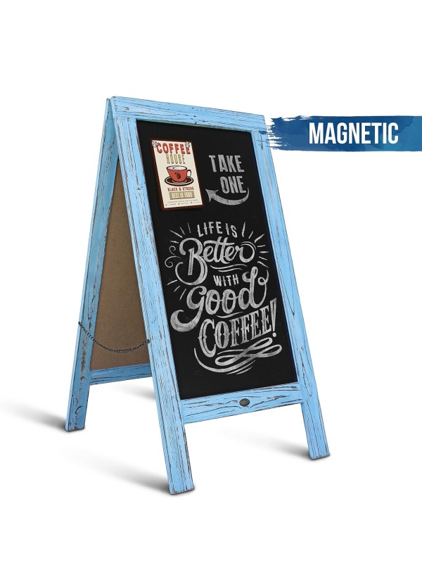 A Frame Chalkboard with Chalk Markers by HBCY Creations: 40x20 Solid Wood A-Frame Sign Gray Double-Sided Magentic Menu Board, Deluxe Set Includes 8 Chalk Markers, 10 Stencils, 2 Magnets
