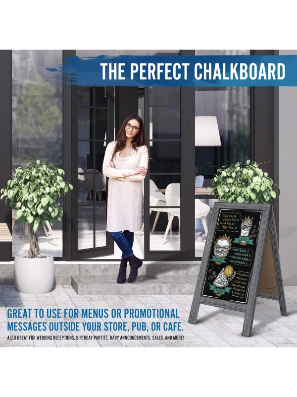 A Frame Chalkboard with Chalk Markers by HBCY Creations: 40x20 Solid Wood A-Frame Sign Gray Double-Sided Magentic Menu Board, Deluxe Set Includes 8 Chalk Markers, 10 Stencils, 2 Magnets