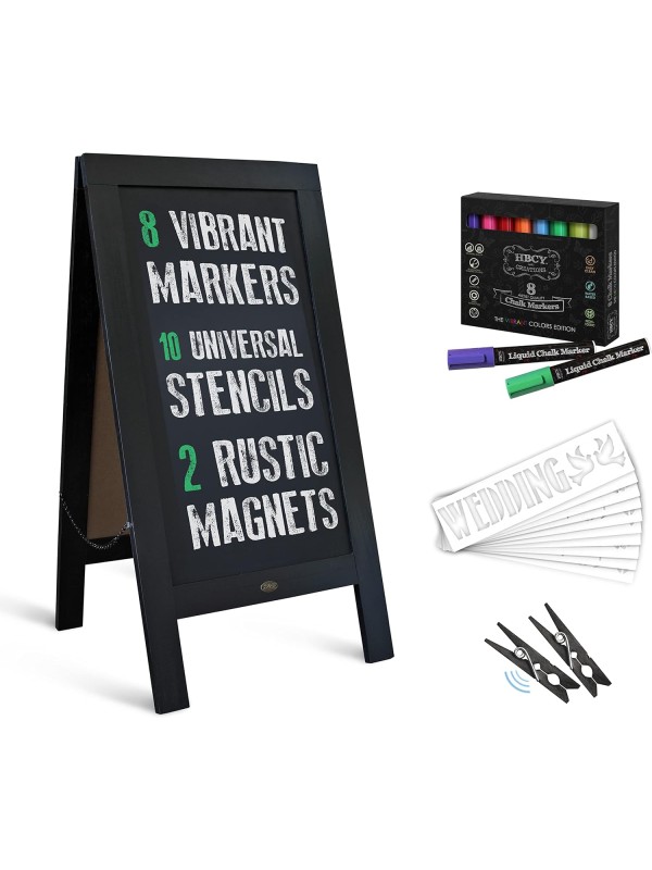 A Frame Chalkboard with Chalk Markers by HBCY Creations: 40x20 Solid Wood A-Frame Sign Gray Double-Sided Magentic Menu Board, Deluxe Set Includes 8 Chalk Markers, 10 Stencils, 2 Magnets