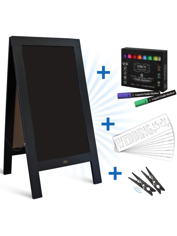 A Frame Chalkboard with Chalk Markers by HBCY Creations: 40x20 Solid Wood A-Frame Sign Gray Double-Sided Magentic Menu Board, Deluxe Set Includes 8 Chalk Markers, 10 Stencils, 2 Magnets