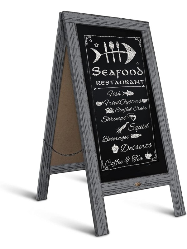 A Frame Chalkboard with Chalk Markers by HBCY Creations: 40x20 Solid Wood A-Frame Sign Gray Double-Sided Magentic Menu Board, Deluxe Set Includes 8 Chalk Markers, 10 Stencils, 2 Magnets