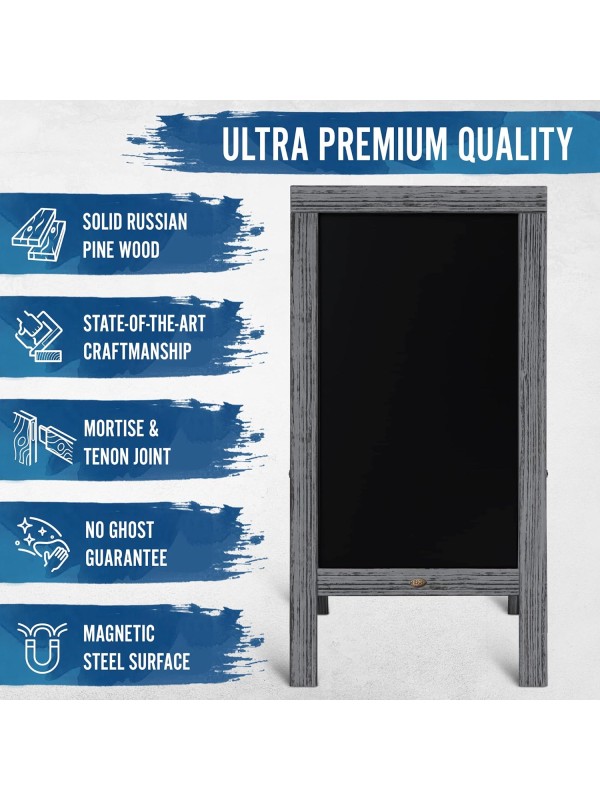 A Frame Chalkboard with Chalk Markers by HBCY Creations: 40x20 Solid Wood A-Frame Sign Gray Double-Sided Magentic Menu Board, Deluxe Set Includes 8 Chalk Markers, 10 Stencils, 2 Magnets