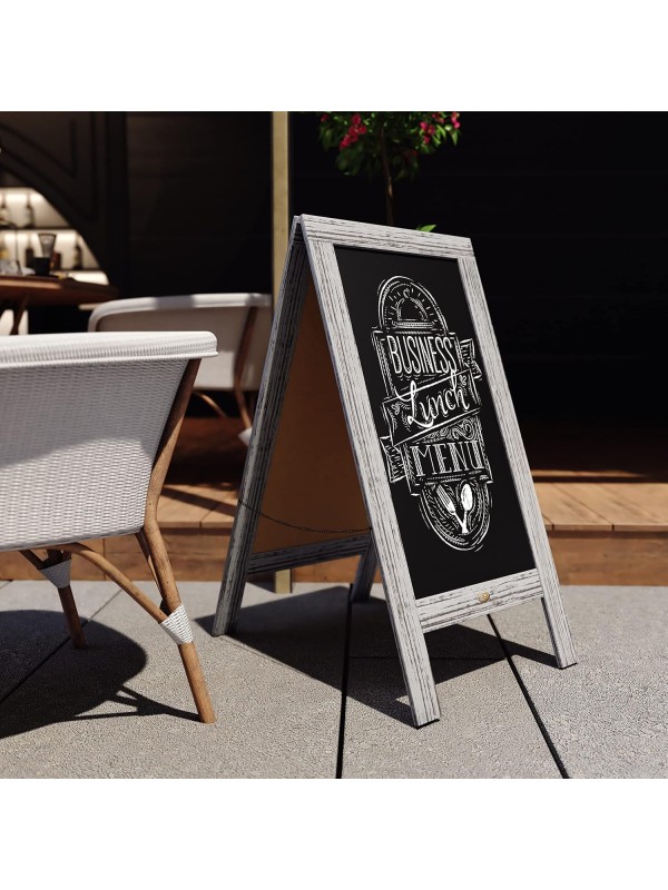 A Frame Chalkboard with Chalk Markers by HBCY Creations: 40x20 Solid Wood A-Frame Sign Gray Double-Sided Magentic Menu Board, Deluxe Set Includes 8 Chalk Markers, 10 Stencils, 2 Magnets