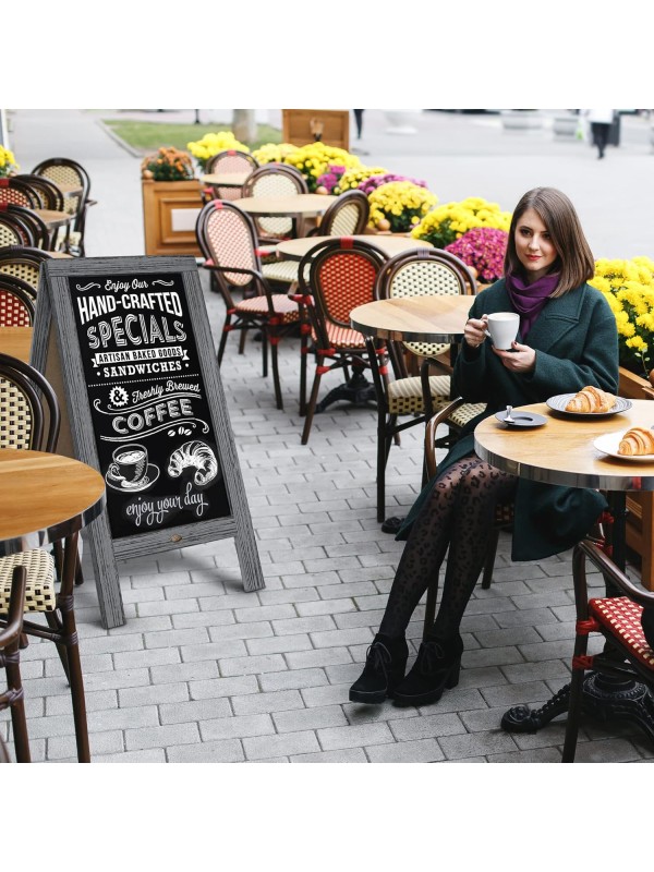 A Frame Chalkboard with Chalk Markers by HBCY Creations: 40x20 Solid Wood A-Frame Sign Gray Double-Sided Magentic Menu Board, Deluxe Set Includes 8 Chalk Markers, 10 Stencils, 2 Magnets