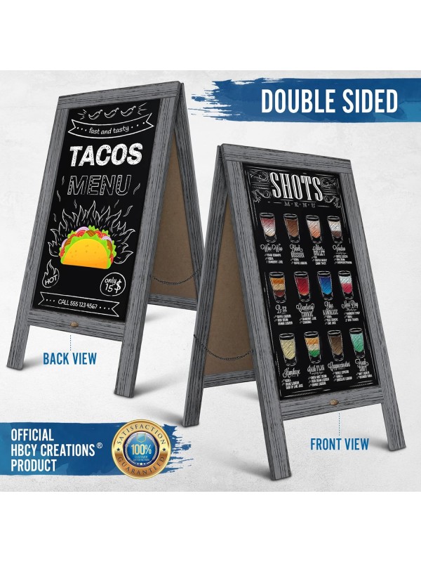 A Frame Chalkboard with Chalk Markers by HBCY Creations: 40x20 Solid Wood A-Frame Sign Gray Double-Sided Magentic Menu Board, Deluxe Set Includes 8 Chalk Markers, 10 Stencils, 2 Magnets