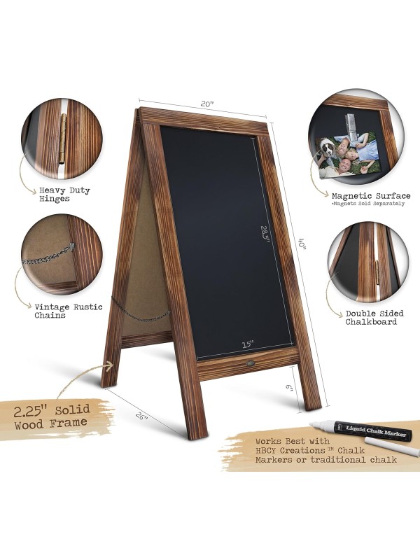 A Frame Chalkboard with Chalk Markers by HBCY Creations: 40x20 Solid Wood A-Frame Sign Gray Double-Sided Magentic Menu Board, Deluxe Set Includes 8 Chalk Markers, 10 Stencils, 2 Magnets