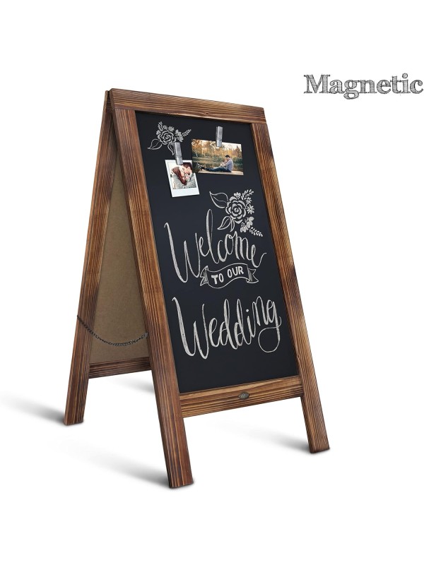 A Frame Chalkboard with Chalk Markers by HBCY Creations: 40x20 Solid Wood A-Frame Sign Gray Double-Sided Magentic Menu Board, Deluxe Set Includes 8 Chalk Markers, 10 Stencils, 2 Magnets