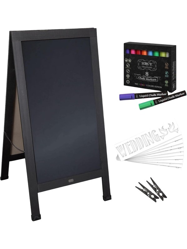 A Frame Chalkboard with Chalk Markers by HBCY Creations: 40x20 Solid Wood A-Frame Sign Gray Double-Sided Magentic Menu Board, Deluxe Set Includes 8 Chalk Markers, 10 Stencils, 2 Magnets