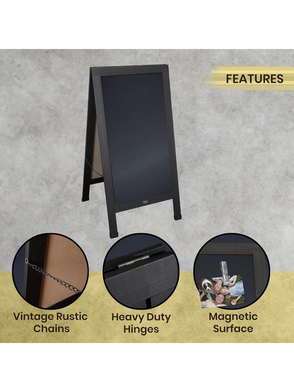 A Frame Chalkboard with Chalk Markers by HBCY Creations: 40x20 Solid Wood A-Frame Sign Gray Double-Sided Magentic Menu Board, Deluxe Set Includes 8 Chalk Markers, 10 Stencils, 2 Magnets