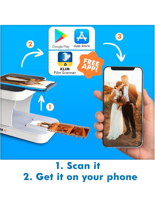 KLIM K2 Mobile Film Scanner - New Version - 35mm Positive & Negative Slide and Photo Scanner - Essential Color Film Developing Kit - Create Your Own 35mm Developing Service at Home - White