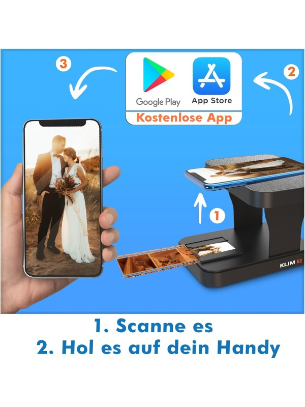 KLIM K2 Mobile Film Scanner - New Version - 35mm Positive & Negative Slide and Photo Scanner - Essential Color Film Developing Kit - Create Your Own 35mm Developing Service at Home - White