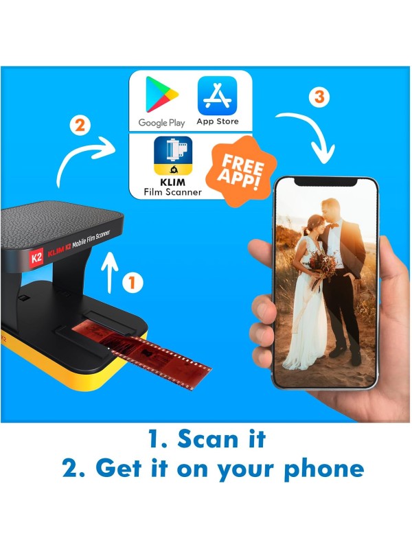 KLIM K2 Mobile Film Scanner - New Version - 35mm Positive & Negative Slide and Photo Scanner - Essential Color Film Developing Kit - Create Your Own 35mm Developing Service at Home - White
