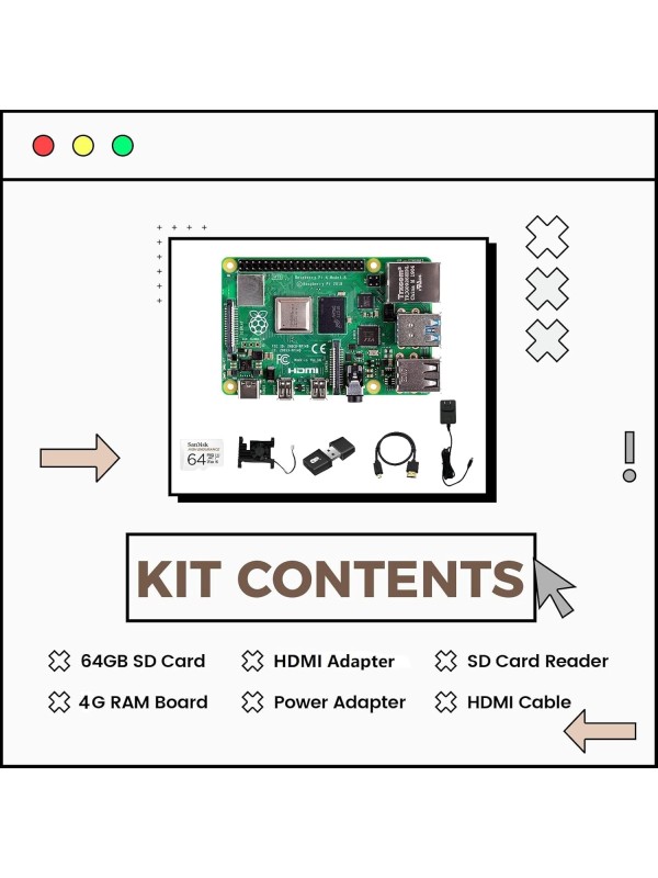 Raspberry Pi 4 Model B 4GB Kit, Micro Computer Board, Raspberry Development Board 64-bit 1.5GHz Quad-core Processor with 64GB SD Card, Card Reader, Heat Sink, Power Adapter, HDMI Cable