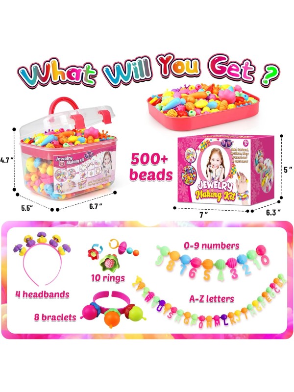 FUNZBO 520+ Snap Pop Beads - Jewelry Making Kit for Kids, Arts and Crafts for Kids Ages 4-8, Toys for 3 4 5 6 Years Old Girls Birthday Gifts Ideas, Bracelet Necklace Ring Snap Set for Little Girls