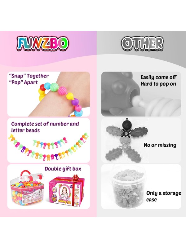 FUNZBO 520+ Snap Pop Beads - Jewelry Making Kit for Kids, Arts and Crafts for Kids Ages 4-8, Toys for 3 4 5 6 Years Old Girls Birthday Gifts Ideas, Bracelet Necklace Ring Snap Set for Little Girls