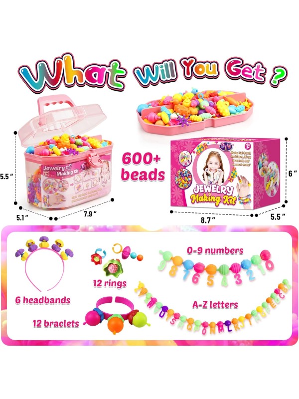 FUNZBO 520+ Snap Pop Beads - Jewelry Making Kit for Kids, Arts and Crafts for Kids Ages 4-8, Toys for 3 4 5 6 Years Old Girls Birthday Gifts Ideas, Bracelet Necklace Ring Snap Set for Little Girls